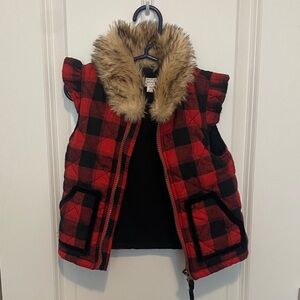 Plaid Red and Black Kids Vest with Faux Fur Collar